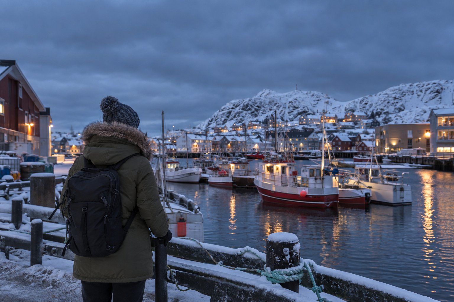 A traveler looking across a snowy Arctic harbor under a cloudy blue-hour sky