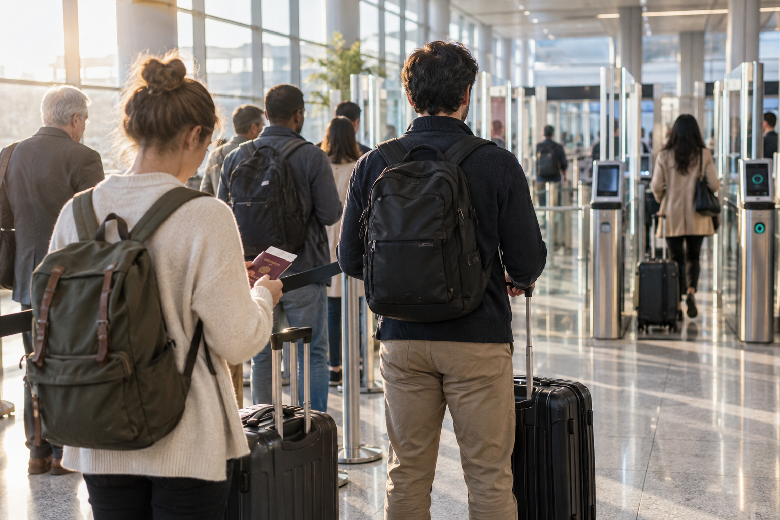 A traveler approaching biometric passport gates in a bright airport terminal