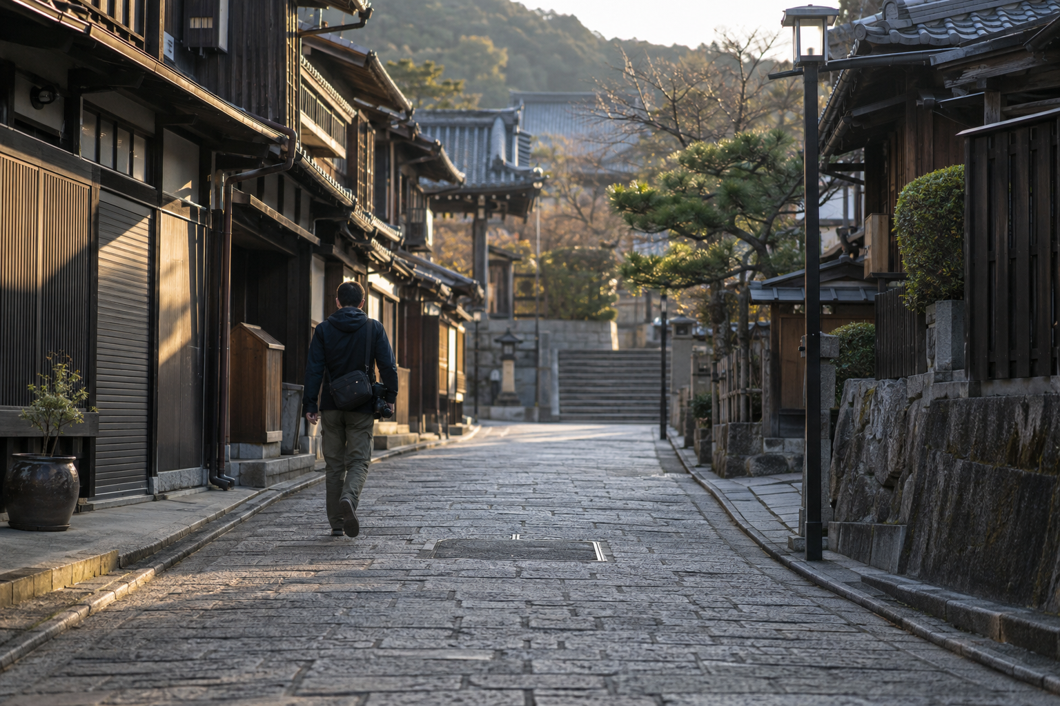 A quiet traditional Kyoto street in warm early-morning light