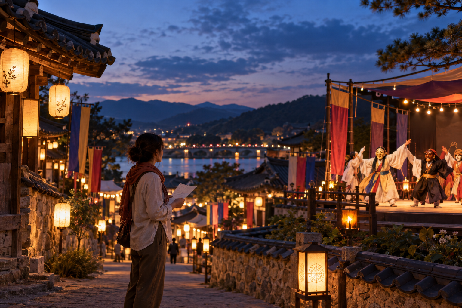 A visitor holding a route note watches a lantern-lit mask-dance performance in an illustrative Andong evening streetscape.