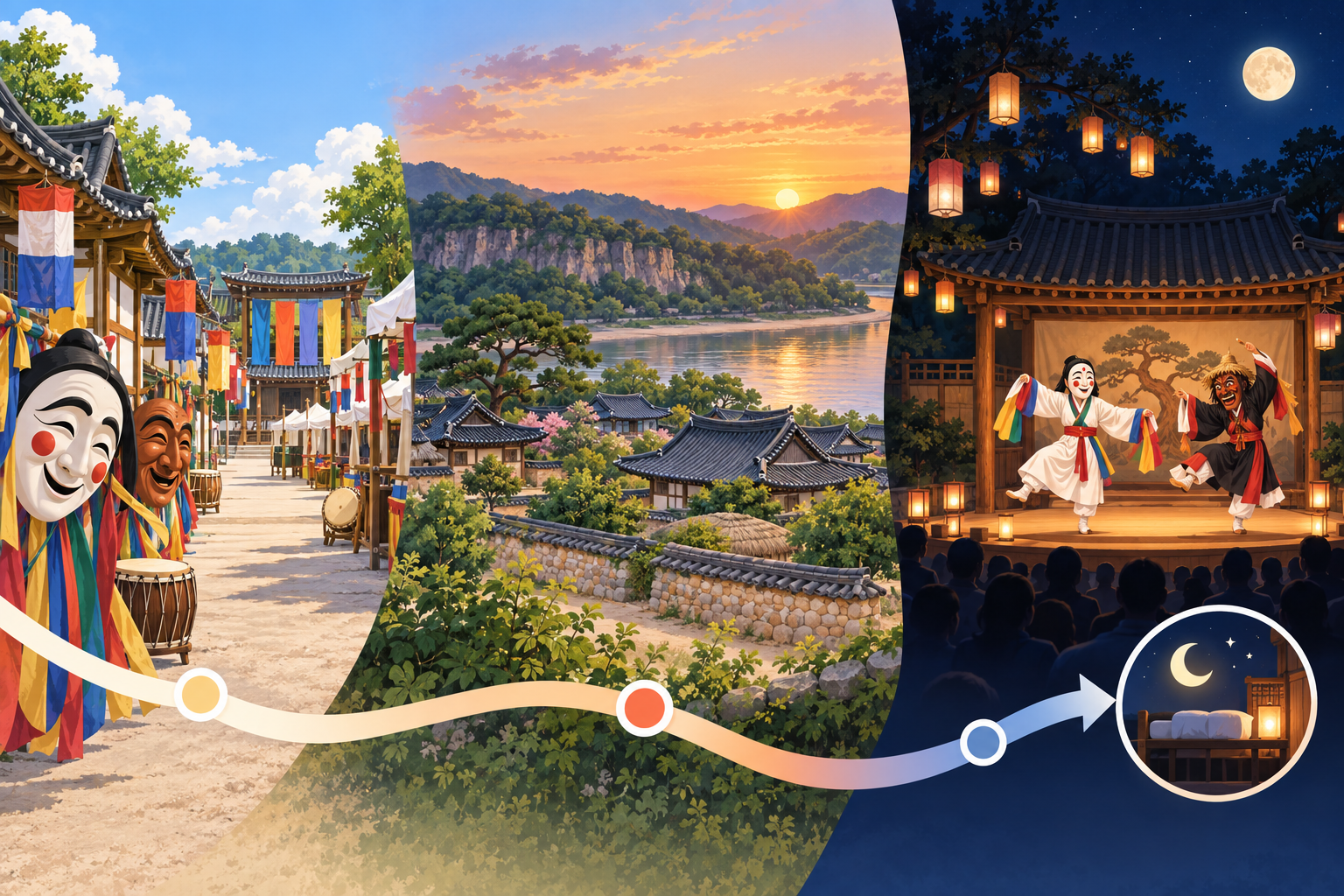 Three-part illustration of a daytime festival area, Hahoe Village and an evening mask-dance performance leading to an overnight stay.