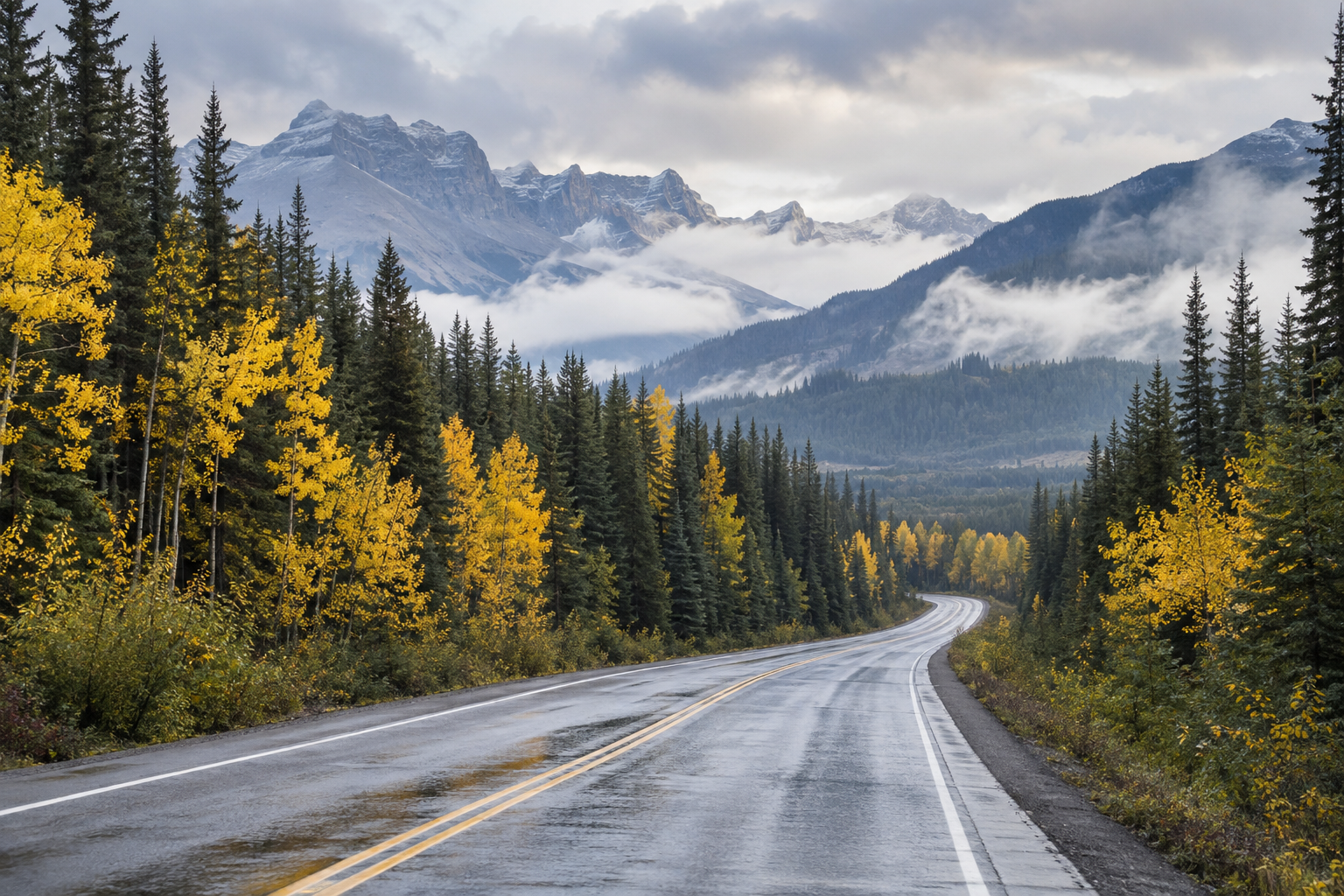 A wet, winding mountain road through autumn forest illustrates the distance and changing conditions a self-propelled outing can involve.