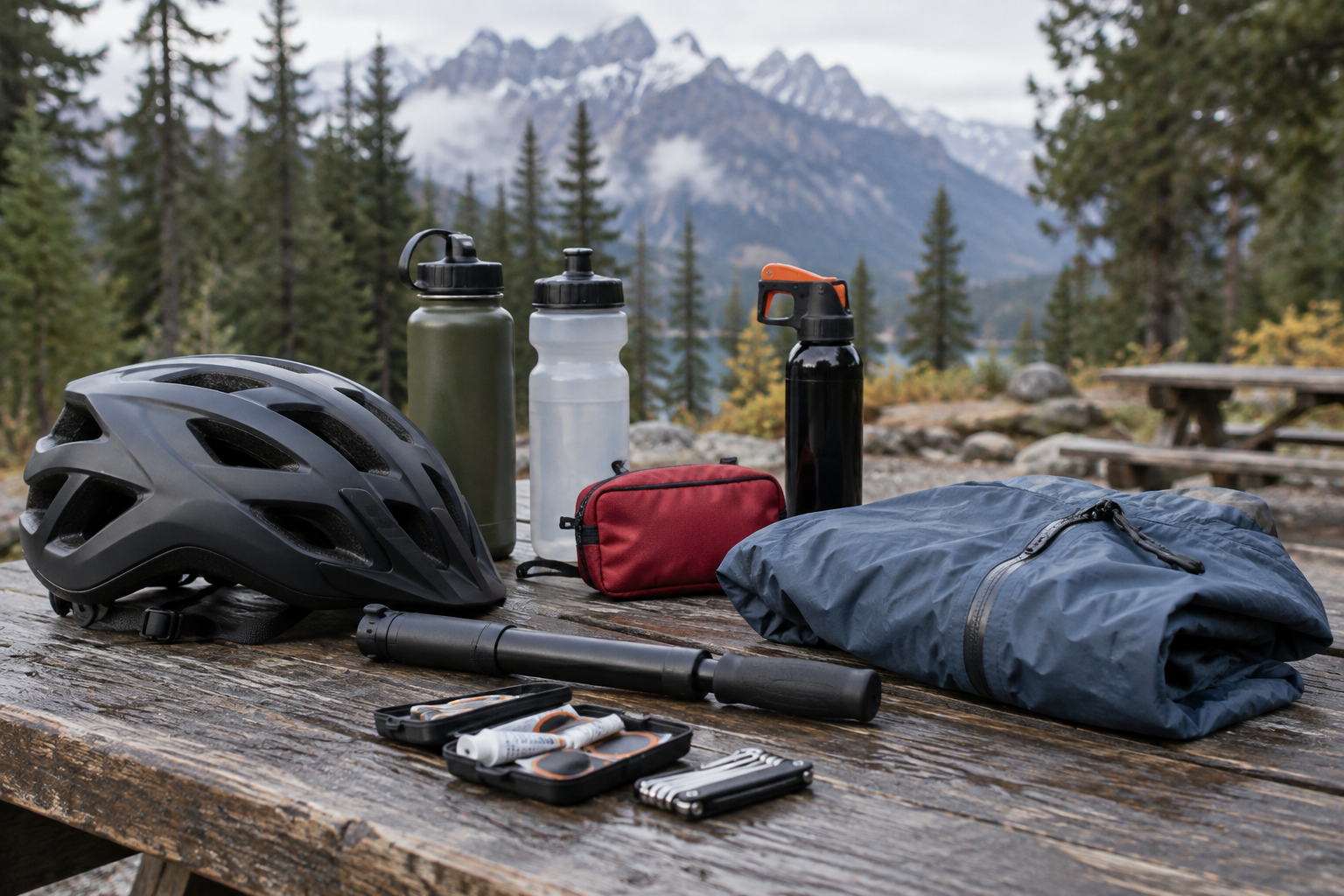 Cycling helmet, repair kit, water bottles and weather gear prepared for a mountain road outing.