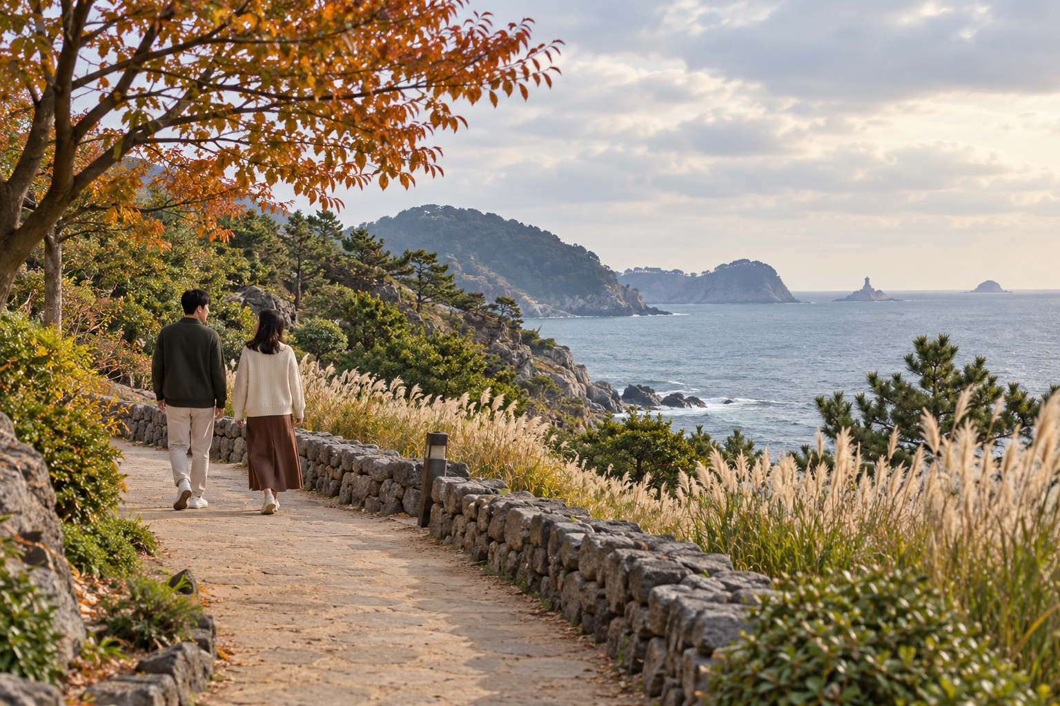 AI-generated illustration of two visitors on a generic coastal garden path overlooking the sea.