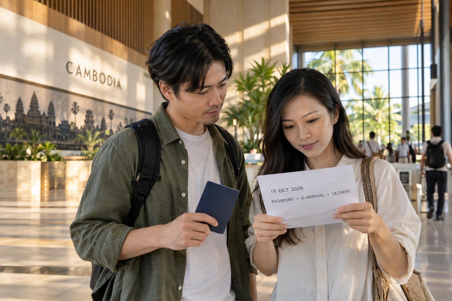 Two travelers in a generic Cambodian arrivals hall check a 15 October 2026 passport, e-Arrival and 14-day checklist.