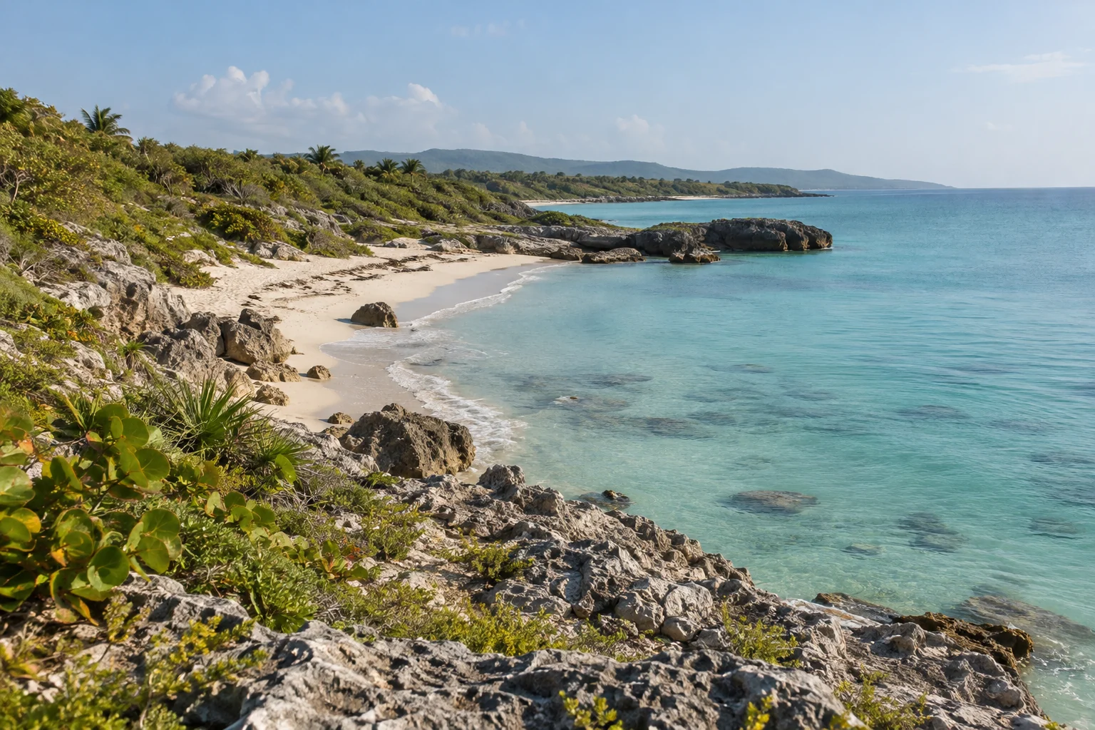 A quiet fictional tropical shoreline viewed from a rocky rise, with low scrub and pale water beneath a clear morning sky.