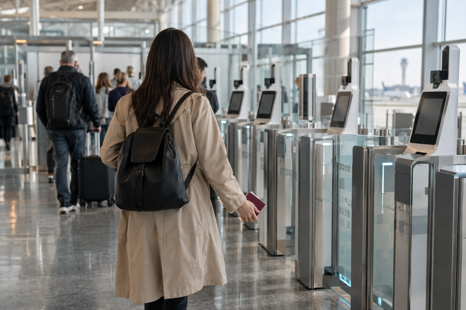 A traveller beside a generic self-service passport kiosk in a bright airport arrivals hall