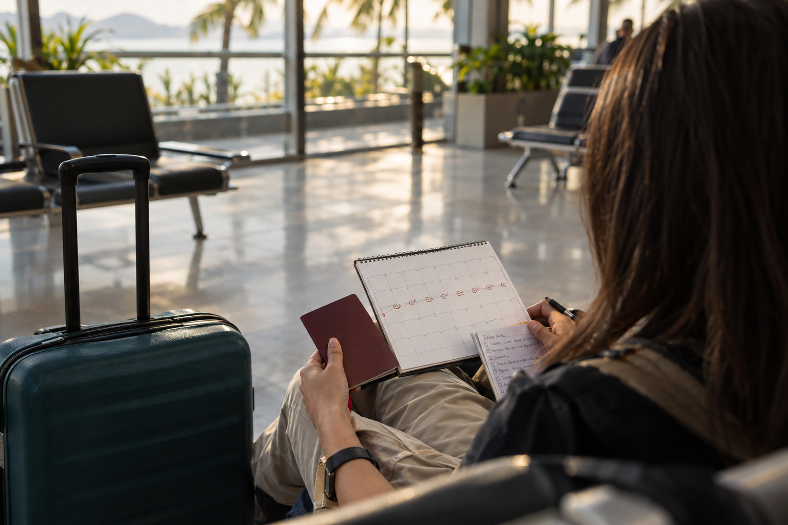 Traveller checking a passport, itinerary notes and a calendar in an airport seating area