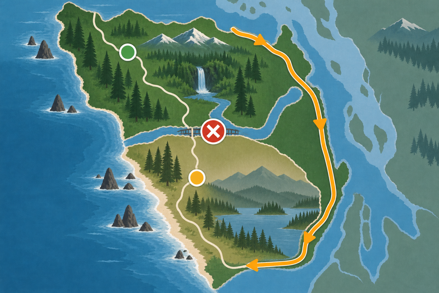 Editorial route diagram dividing the Olympic Peninsula into north and south access zones at a blocked river crossing, with a long eastern loop around the peninsula.
