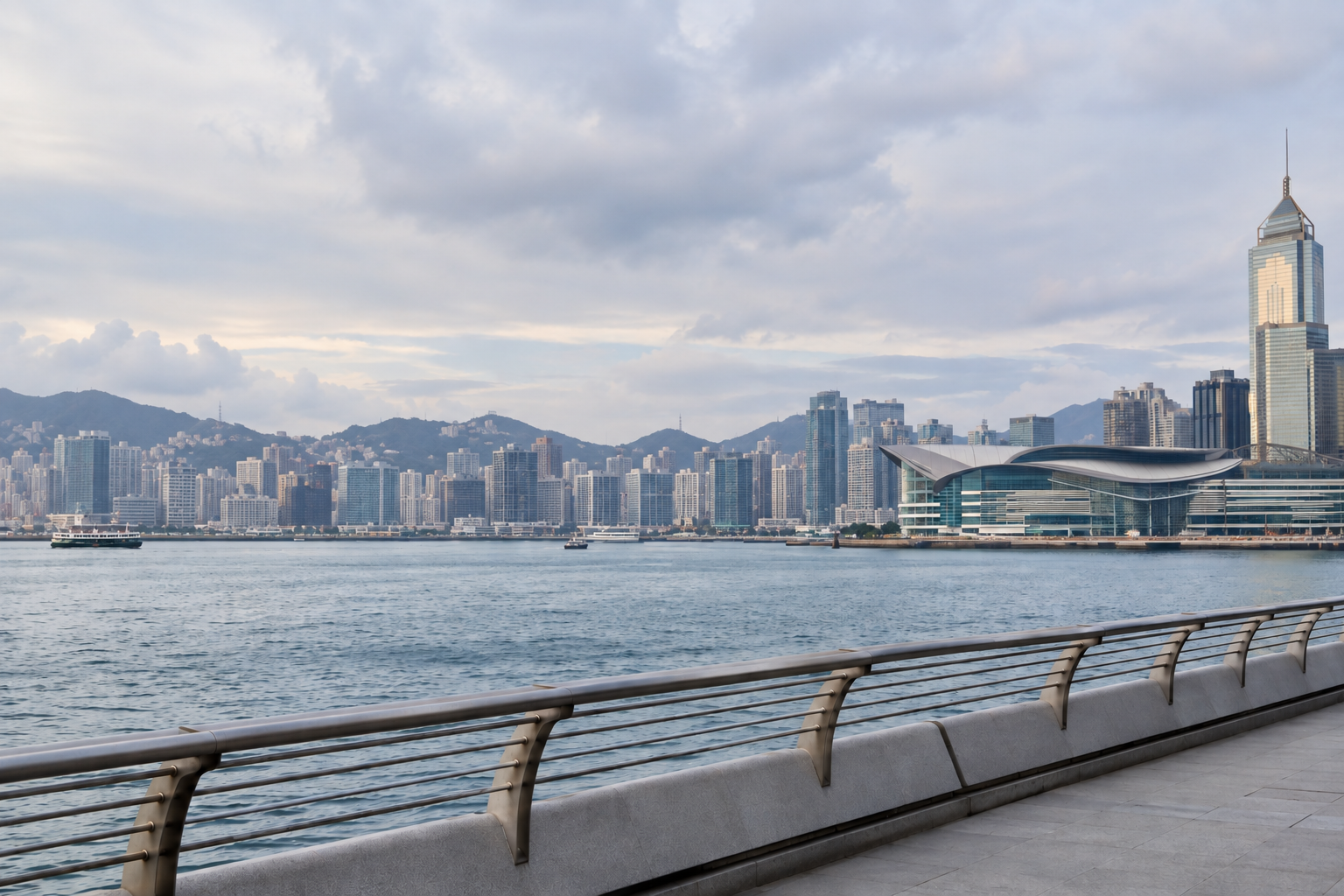 AI-generated illustration of Hong Kong harbour, waterfront railing and a convention venue under an overcast sky.