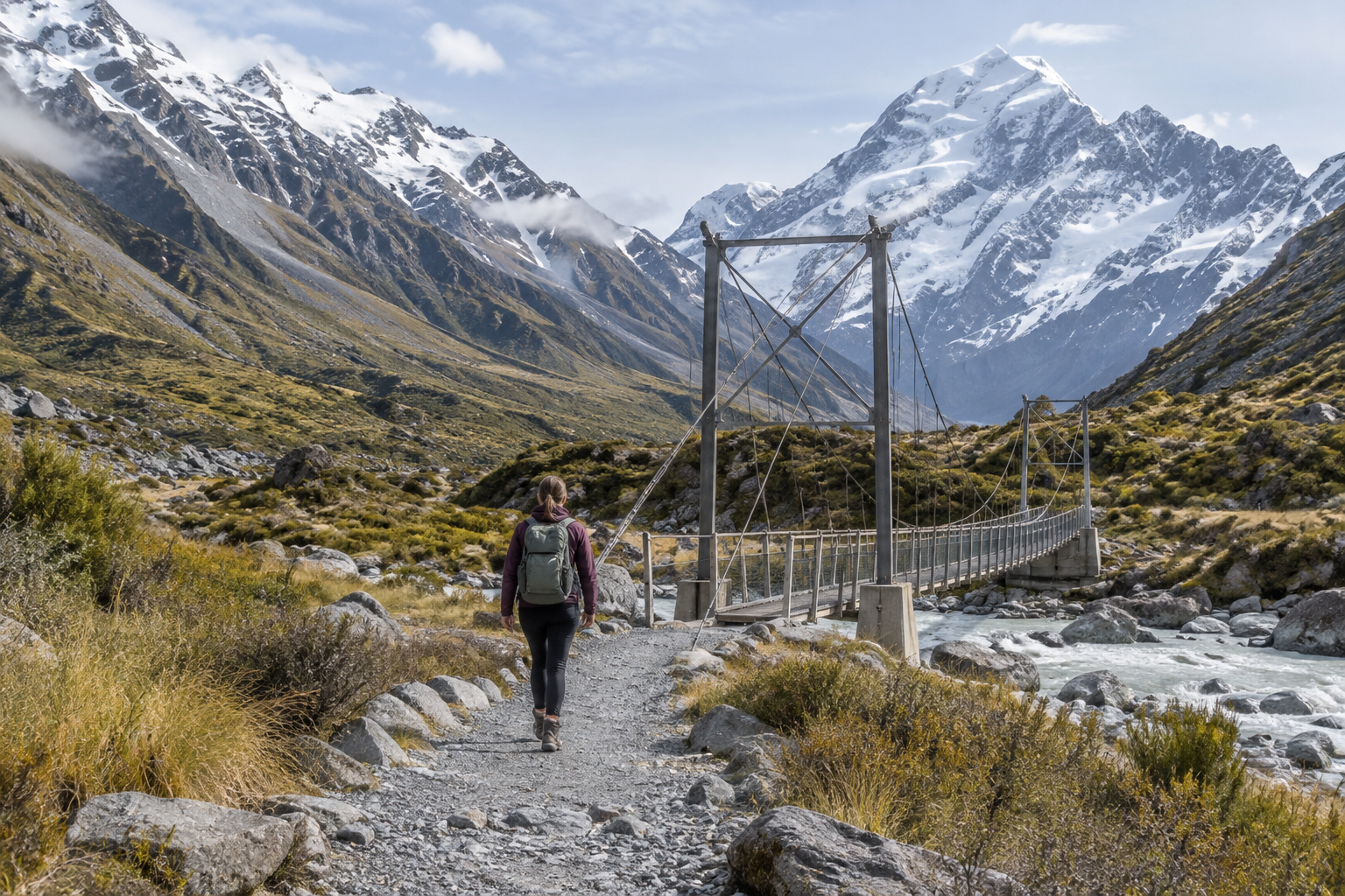 AI illustration of one walker approaching a generic alpine suspension bridge in a mountain valley.