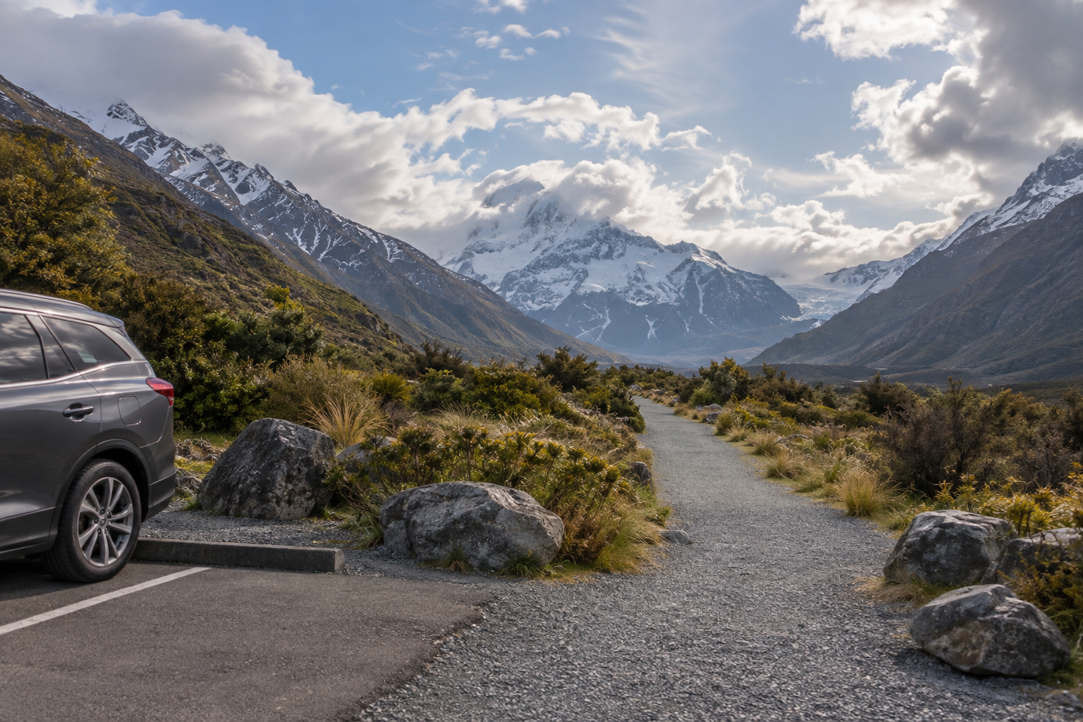 Illustrative alpine trailhead with a parked car, footpath and changing mountain clouds.