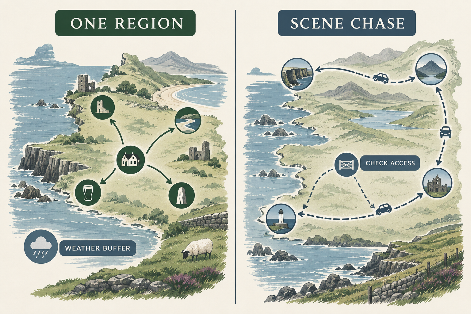 Editorial planning graphic comparing a one-region film-location stay with a multi-region scene chase.
