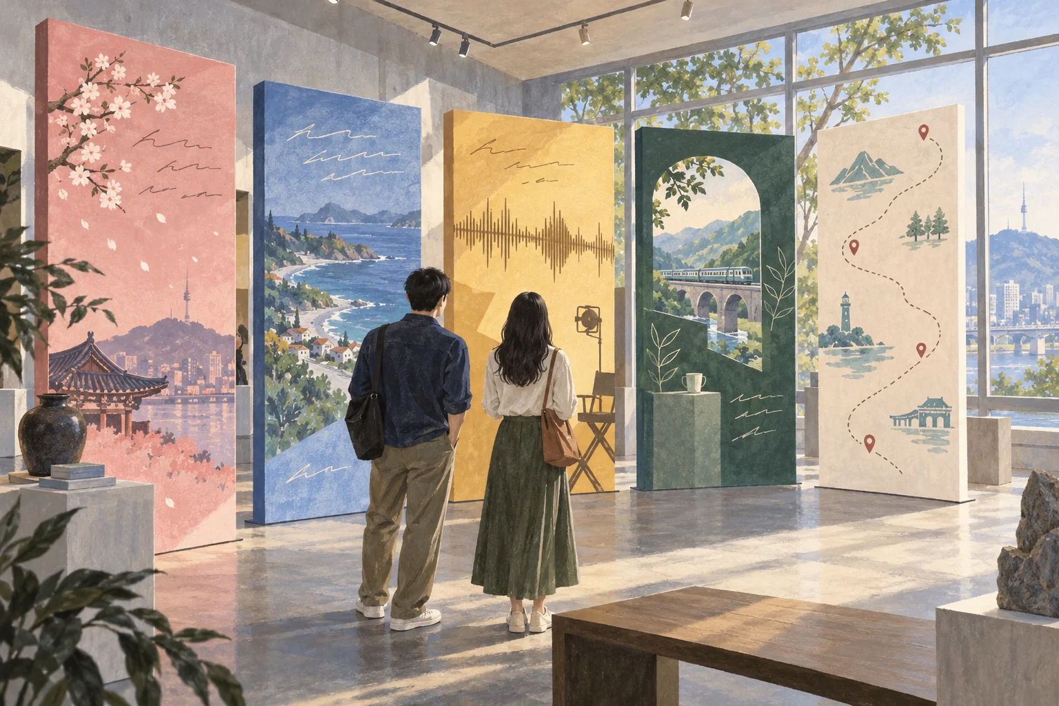 AI-generated illustration of two anonymous visitors viewing five imagined drama-inspired gallery panels.