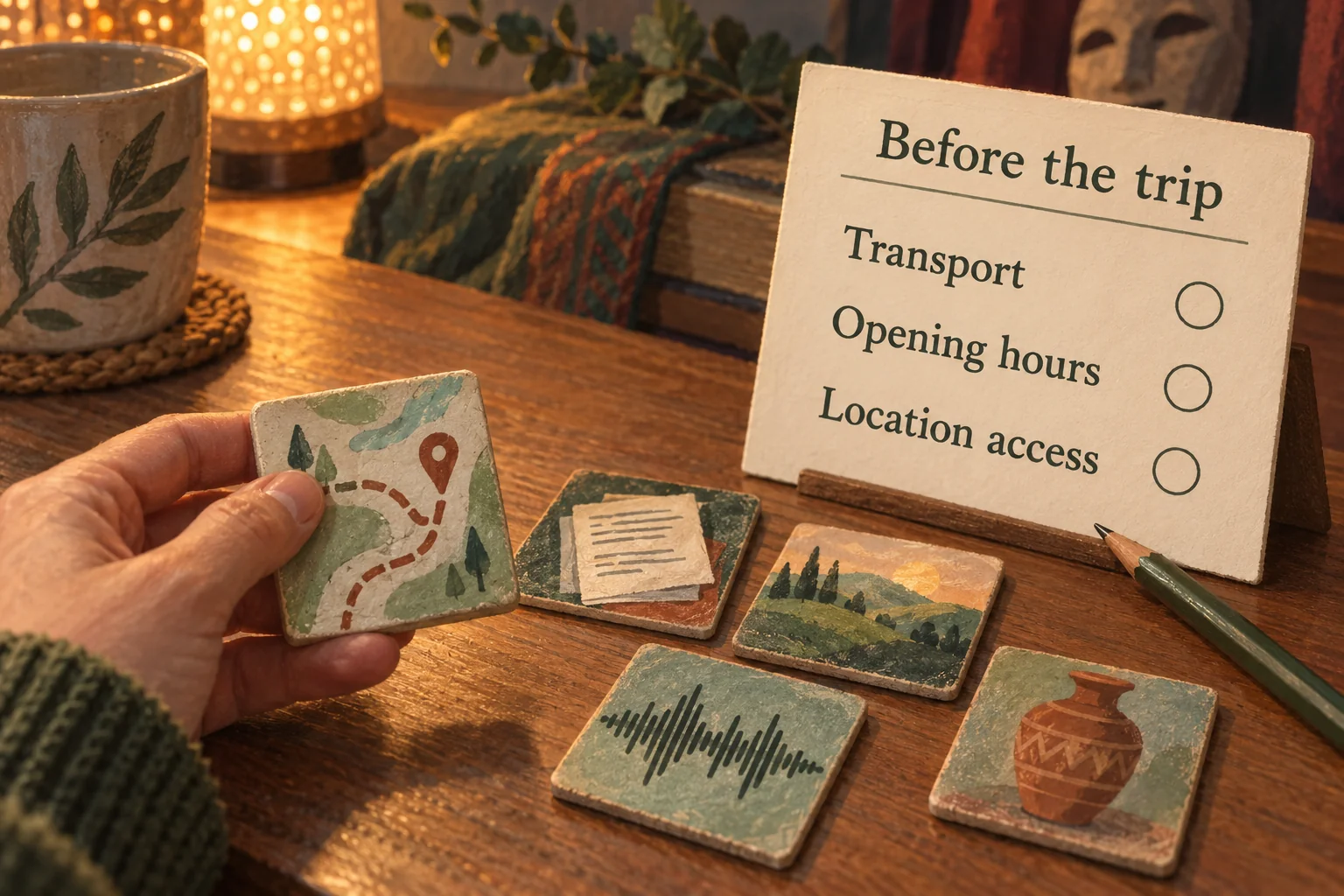 AI-generated illustration of a hand selecting a fictional route tile beside a card reading Transport, Opening hours and Location access.
