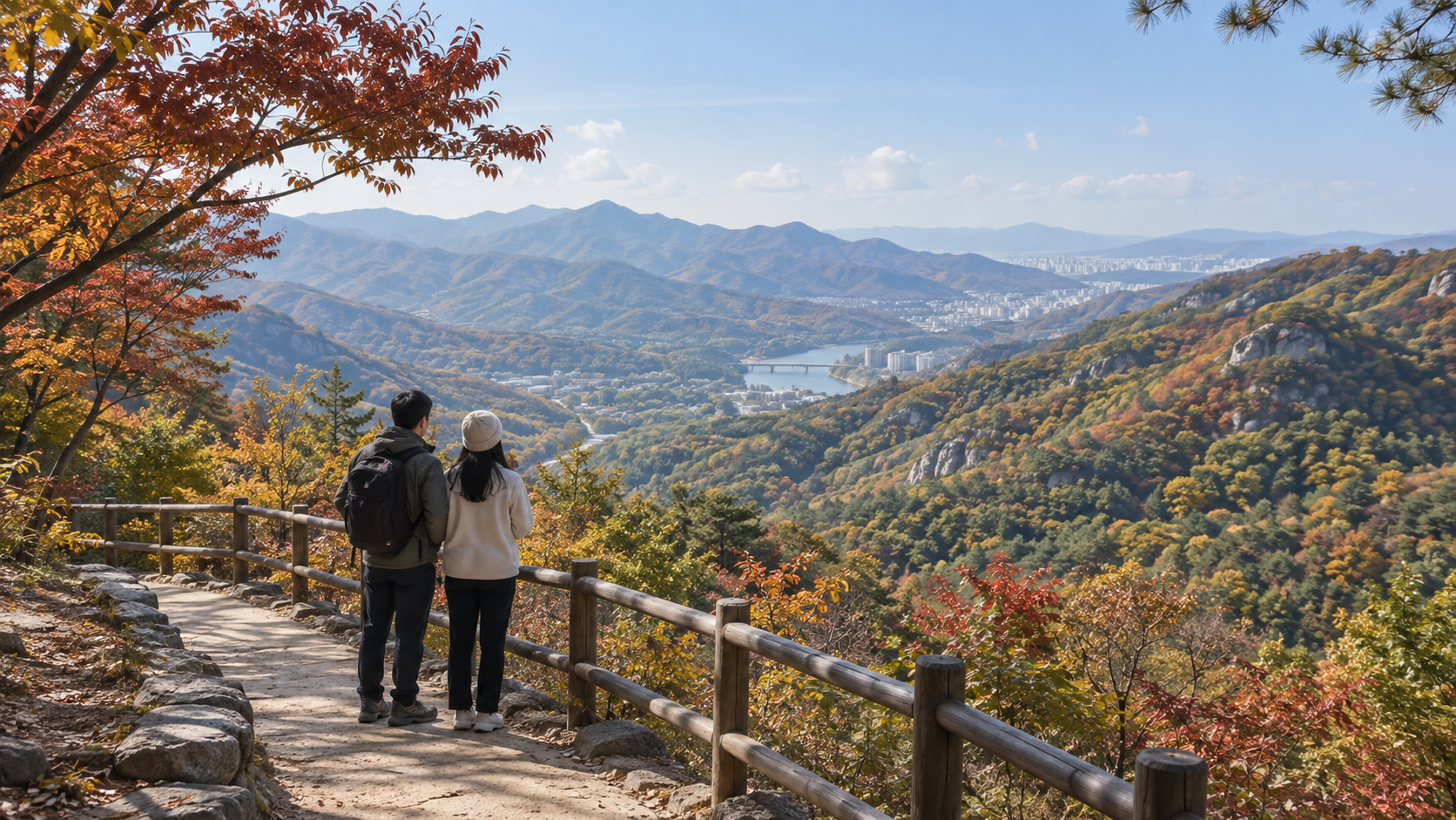 Two travelers at a mountain overlook viewing a broad South Korean valley with mixed green, amber and red autumn foliage.