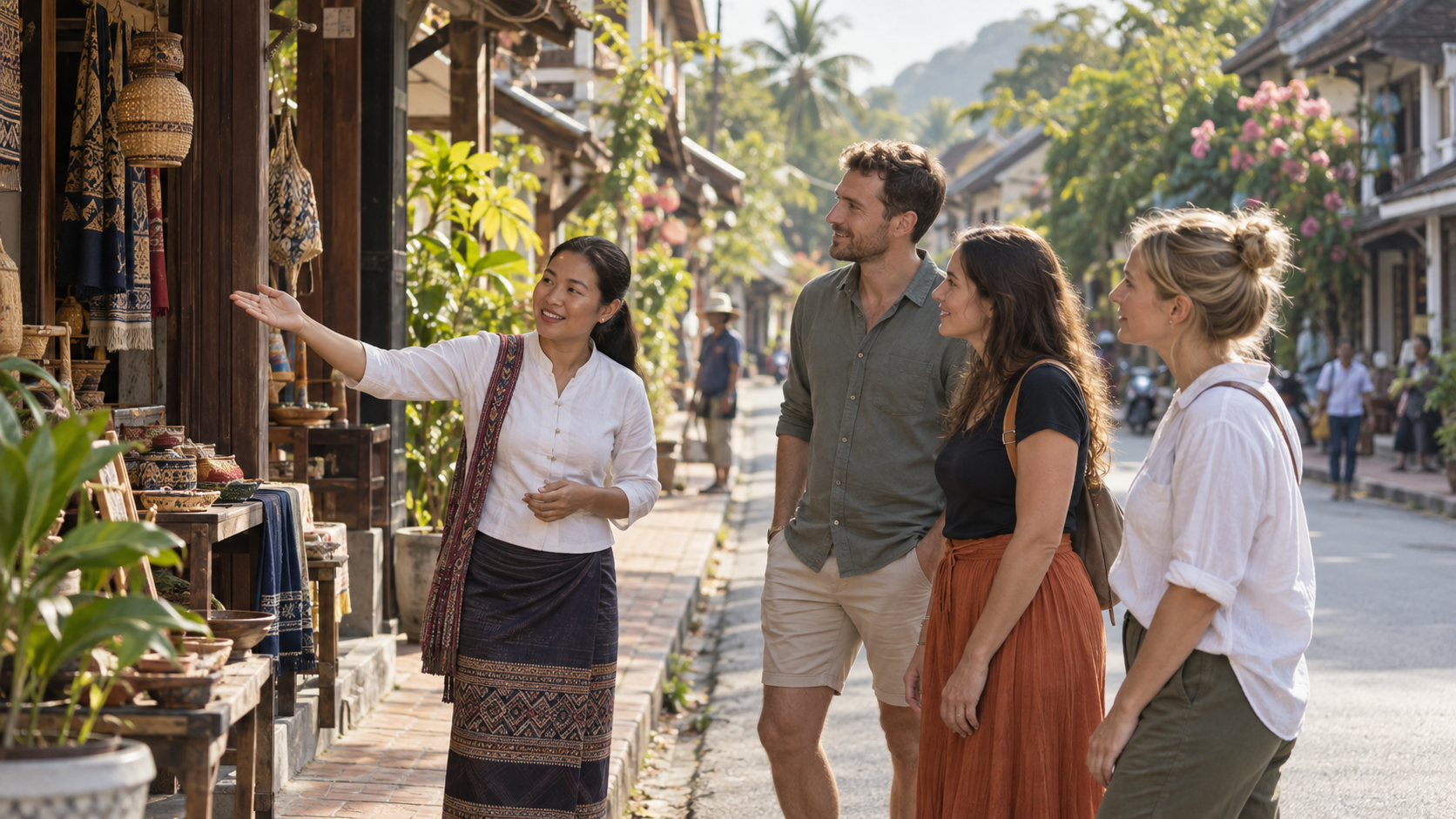 A local guide introduces three visitors to crafts in a warm Laos streetscape, illustrating a transparent small-group tourism service.