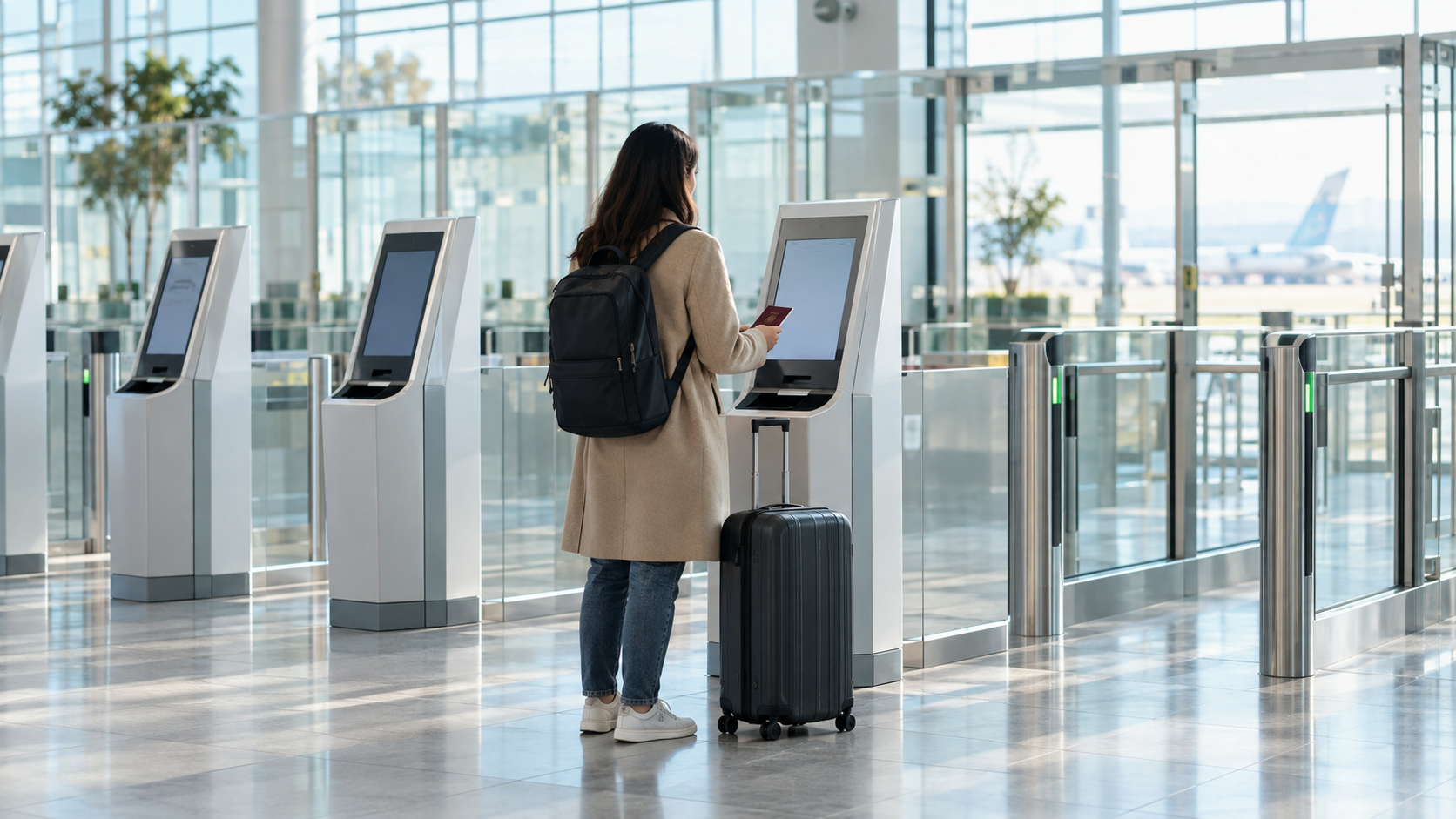 A traveller beside a generic self-service passport kiosk in a bright airport arrivals hall