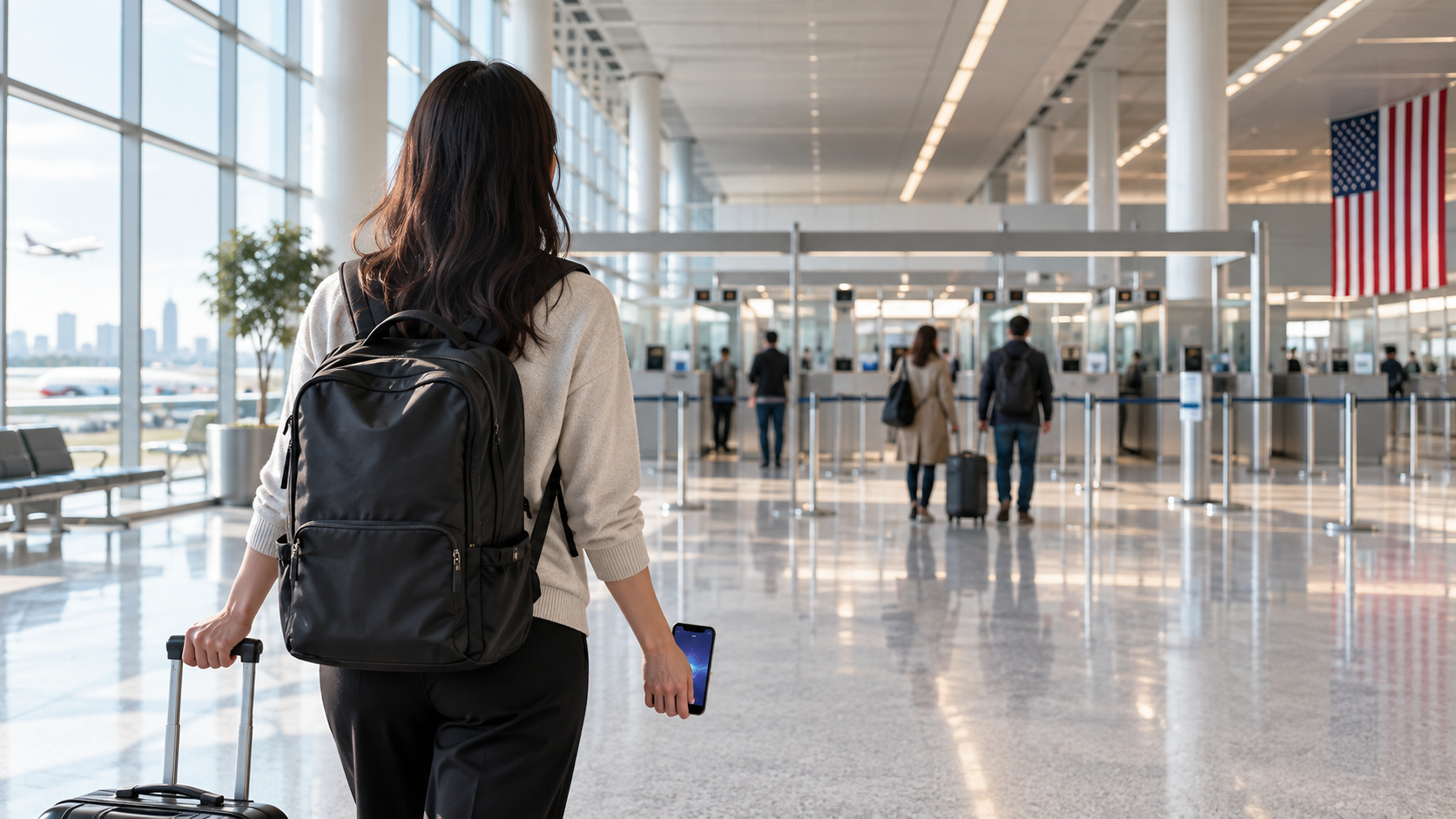 A traveller walking toward a generic airport passport-control area while holding a smartphone