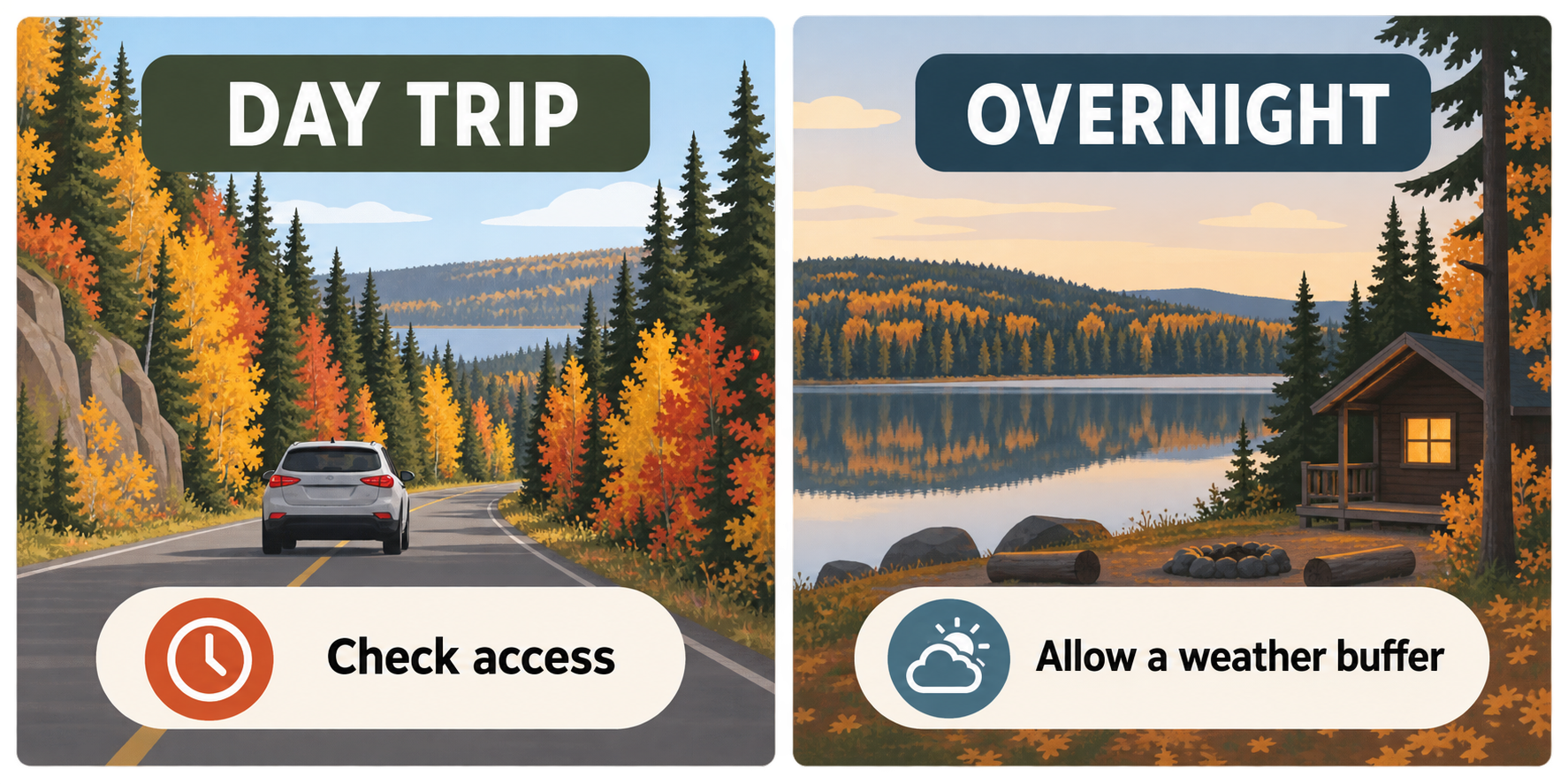 Planning graphic comparing a Riding Mountain day trip with an overnight stay.