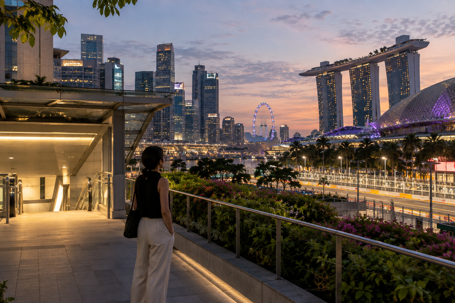A visitor beside a transit entrance looks toward Singapore's Marina Bay district at dusk in an illustrative scene.