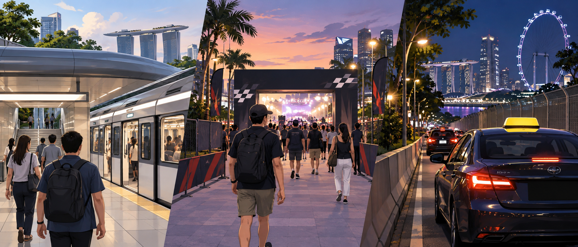 Conceptual illustration showing MRT access, a walk toward an event gate and a taxi on a constrained city street.