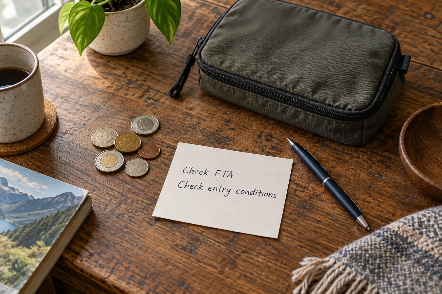 AI-generated conceptual still life of a travel pouch, coins and a personal note reading “Check ETA” and “Check entry conditions”.