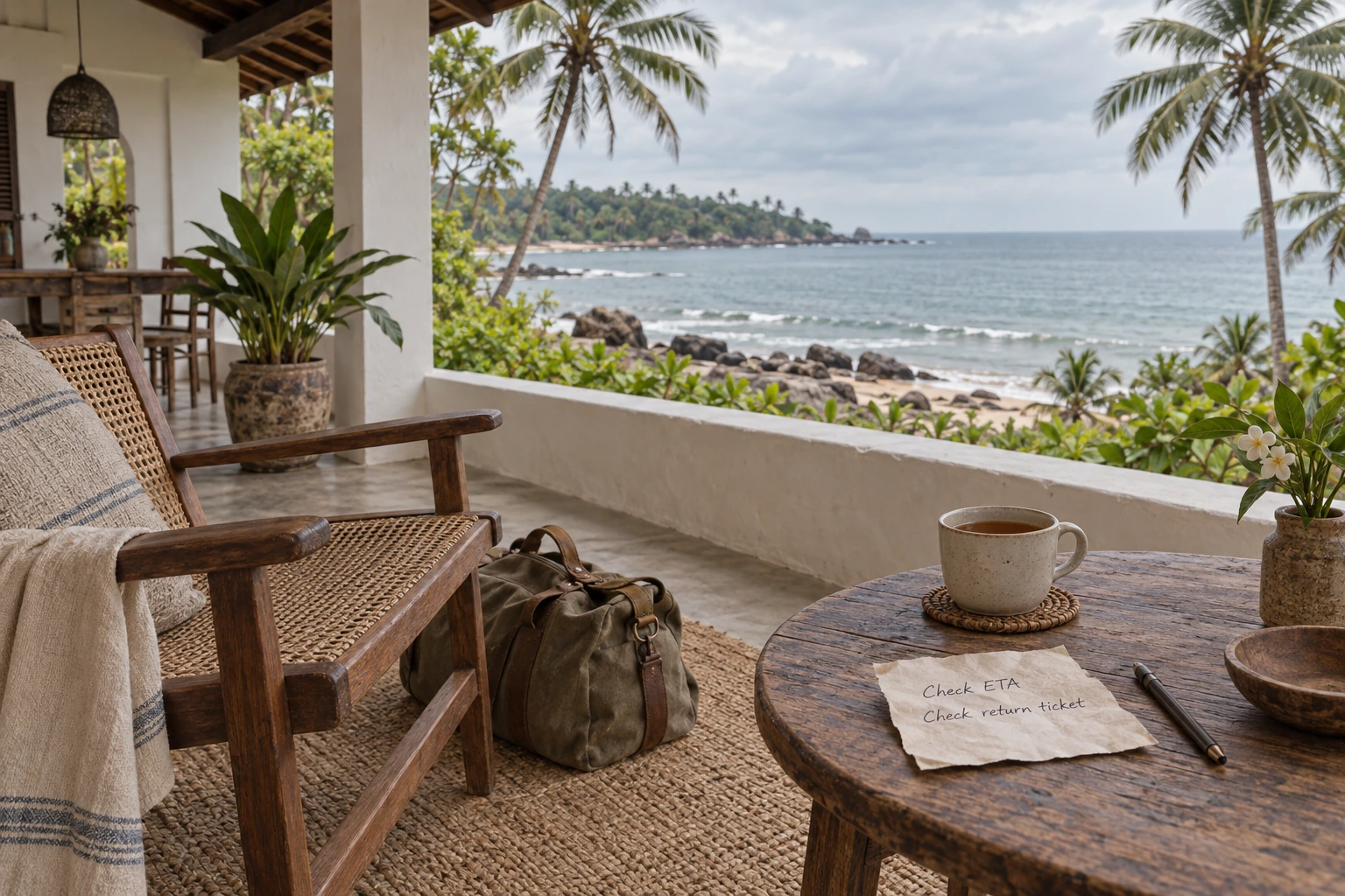 AI-generated conceptual illustration of a fictional Sri Lankan coastal hotel veranda with a travel bag and a personal planning note.