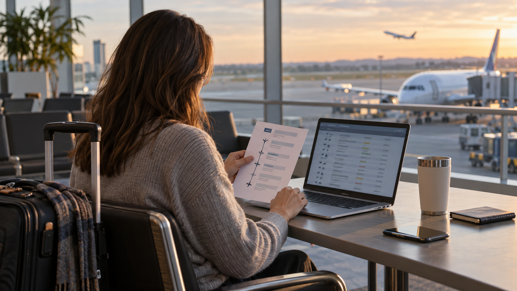 A traveller at a quiet airport gate comparing a generic itinerary on a laptop with a printed connection plan