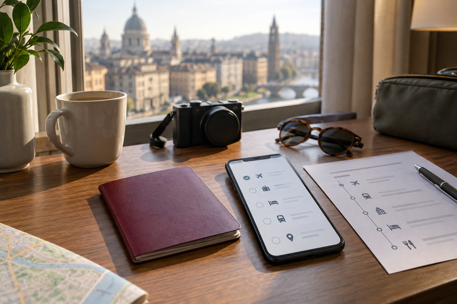 A passport, generic phone checklist and itinerary on a travel desk beside a softly blurred European city view