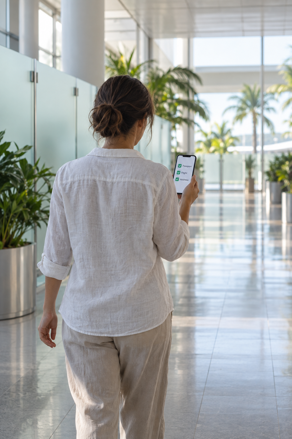A traveller in a quiet generic arrivals corridor checks a phone checklist for passport, flight and address.