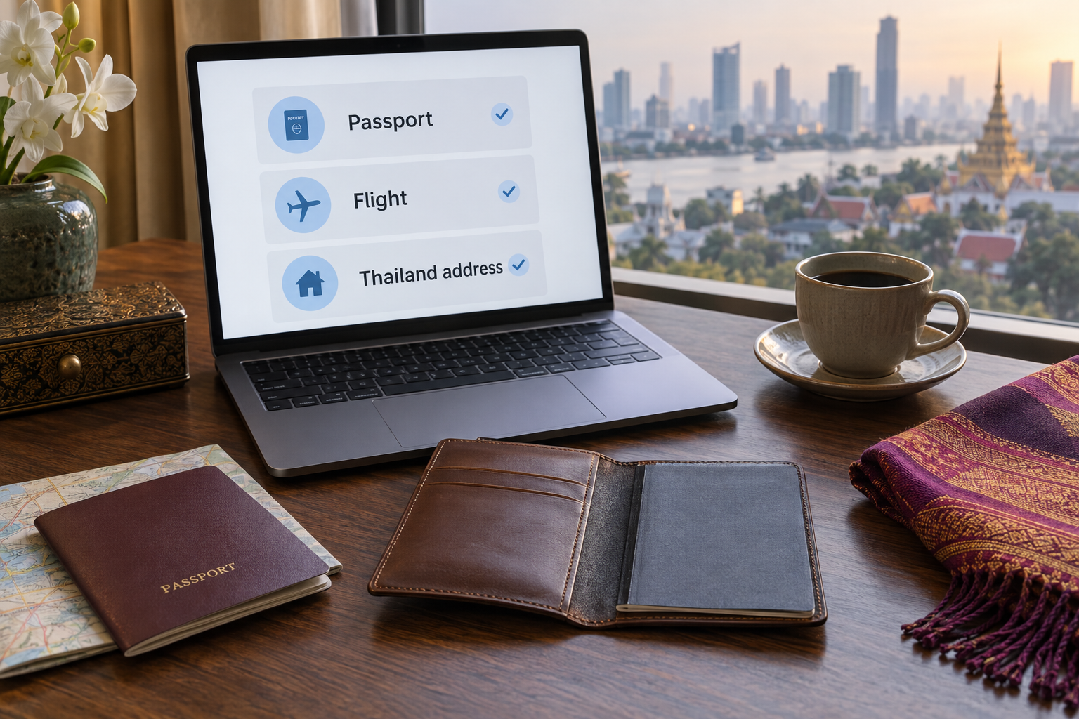 Travel-preparation desk with a laptop showing a checklist for passport, flight and Thailand address.