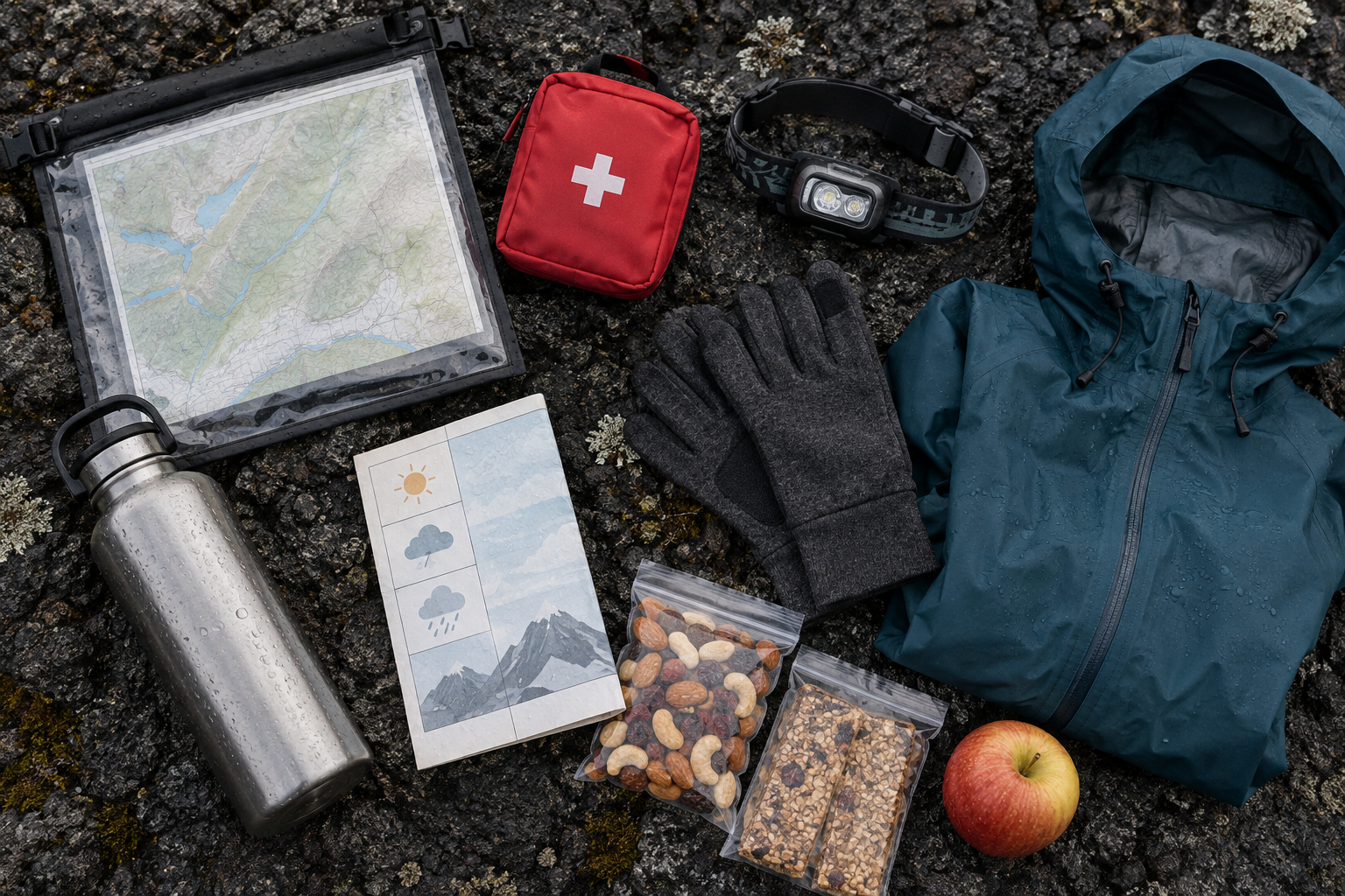 Top-down illustrative arrangement of rain gear, map case, first-aid kit, water bottle, headlamp, gloves and food for a multi-day alpine hike.
