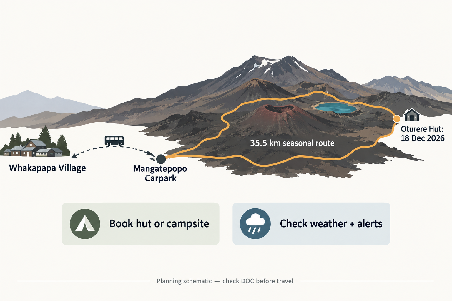 Illustrative planning schematic of the 2026/27 Tongariro Northern Circuit route, Oturere Hut date, shuttle connection and pre-trip checks.
