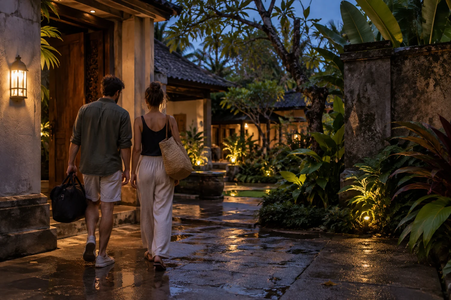 Two anonymous adults walking through a sheltered tropical accommodation entrance in Bali at dusk.