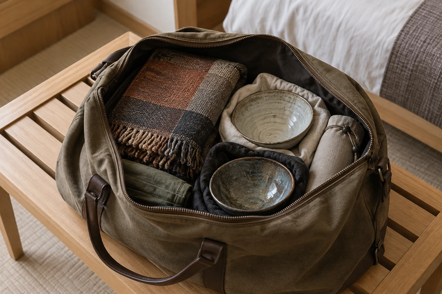Purchased pottery and a folded textile inside an open travel bag in a daylight Japanese hotel room.