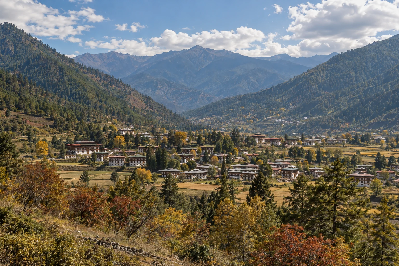 Conceptual Bhutan-style valley town beneath green mountain slopes, with no people or identifiable landmarks.
