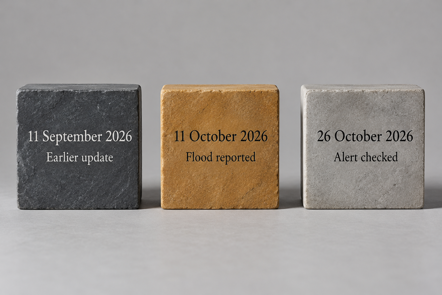 Three upright timeline blocks distinguish the September update, October flood report and alert check.