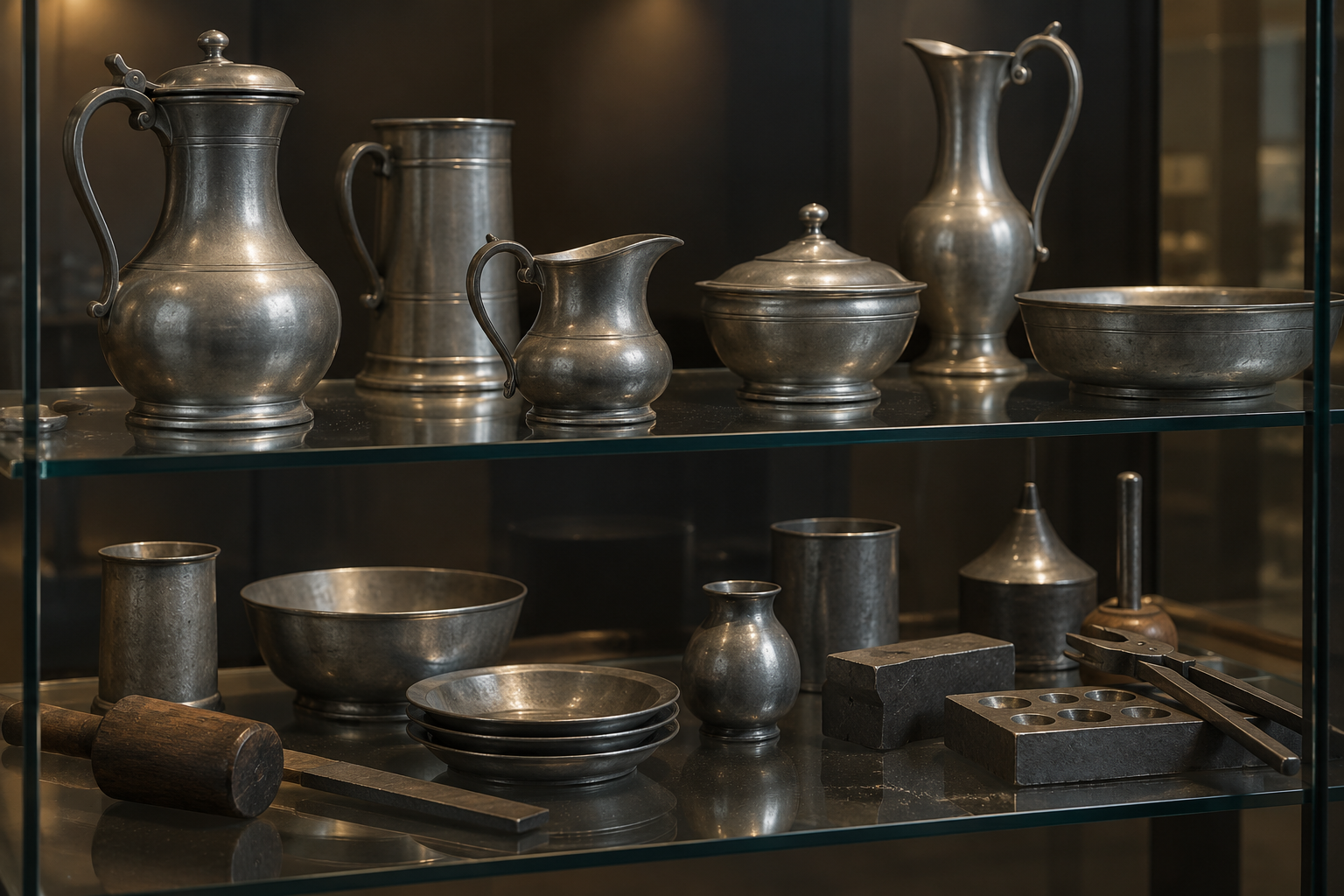 Generic pewter vessels and hand tools in a softly lit craft display behind glass.