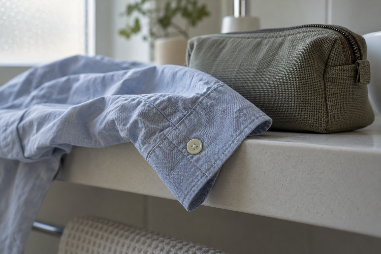 Close view of a worn shirt cuff and a reusable toiletry pouch on a bathroom shelf.