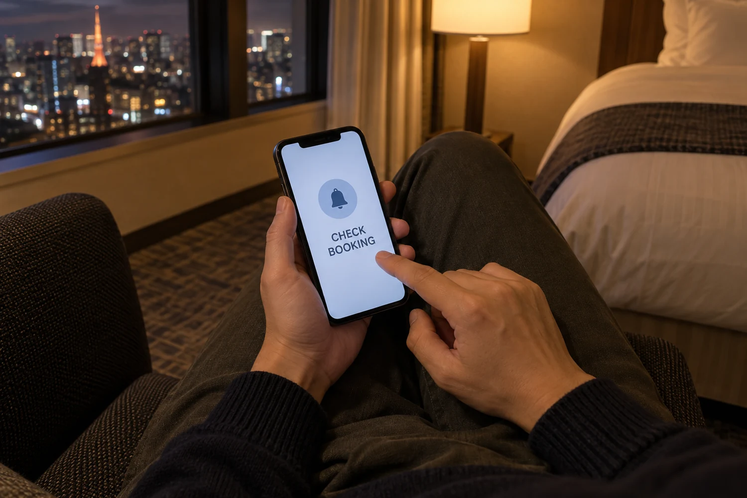 Overhead close view of a traveler's hands holding a smartphone with the words CHECK BOOKING in a softly lit hotel room.
