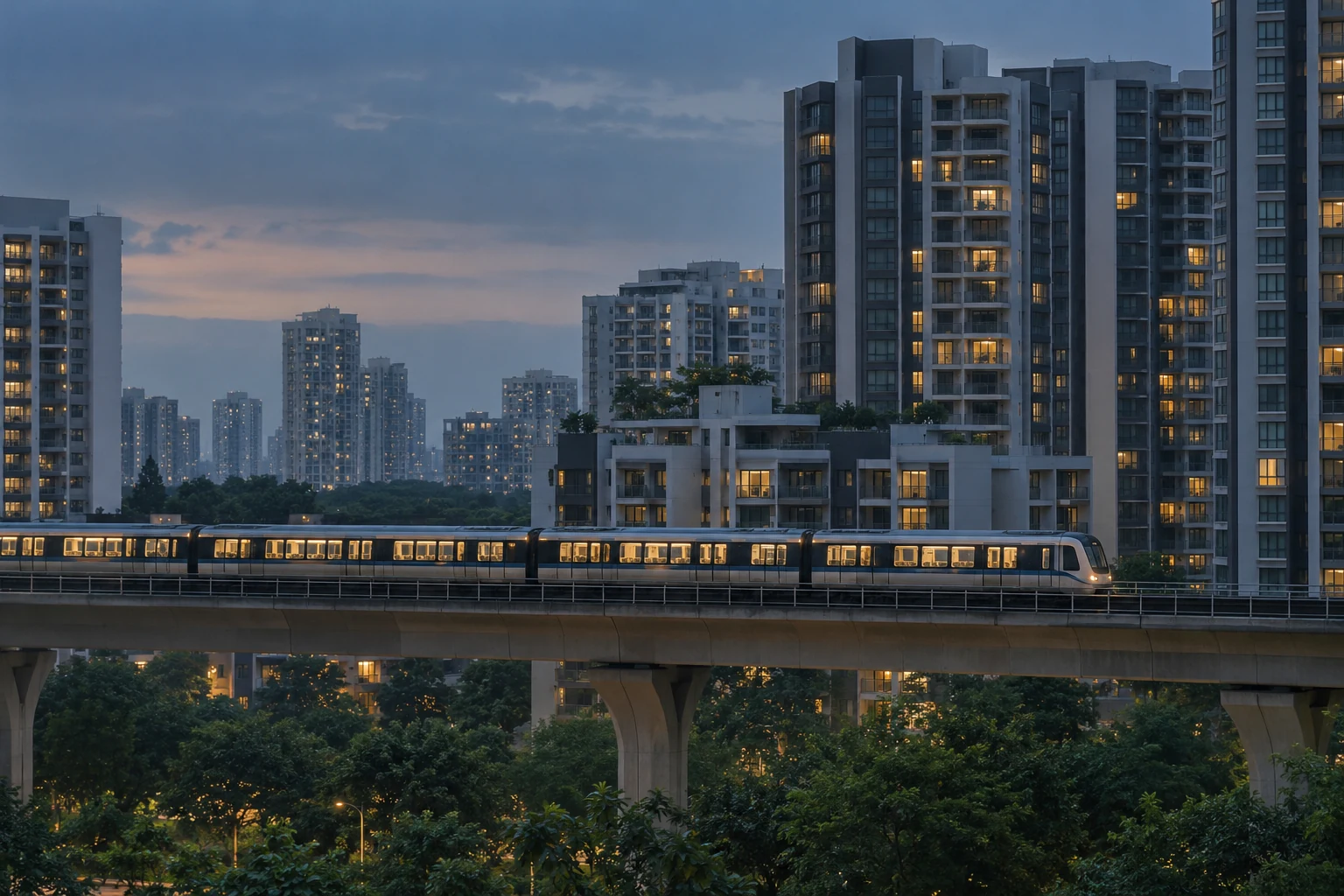 An elevated Singapore train crossing an urban corridor at blue hour, with apartment blocks behind it.