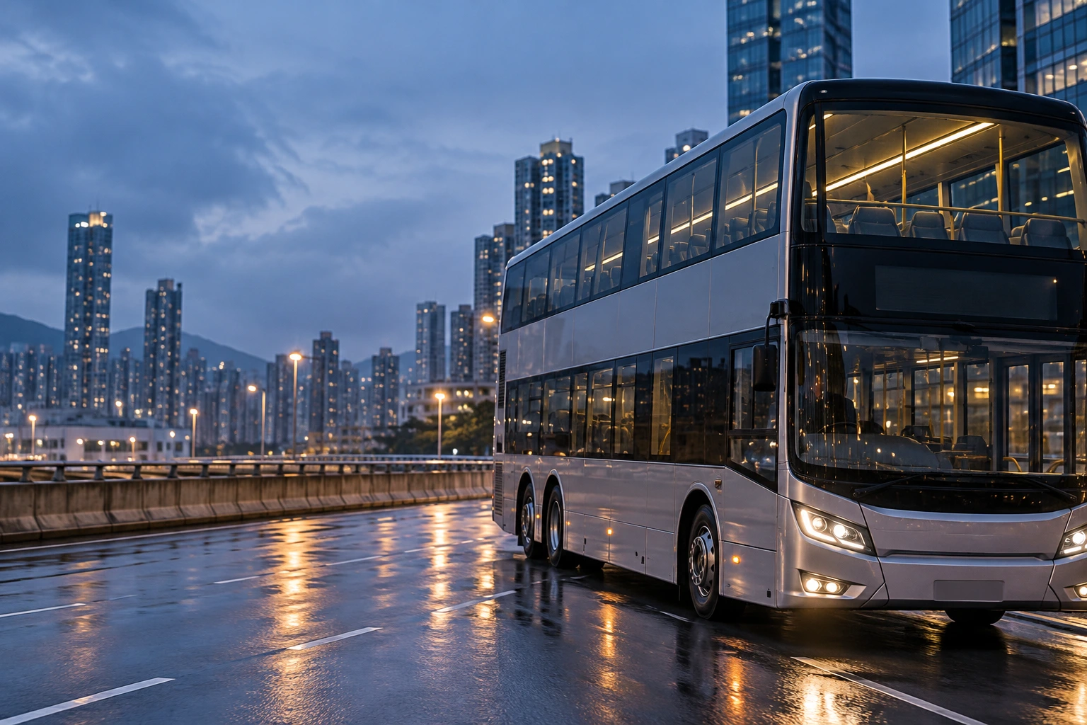 Conceptual front three-quarter view of an unbranded double-decker airport bus on a wet urban road at blue hour.