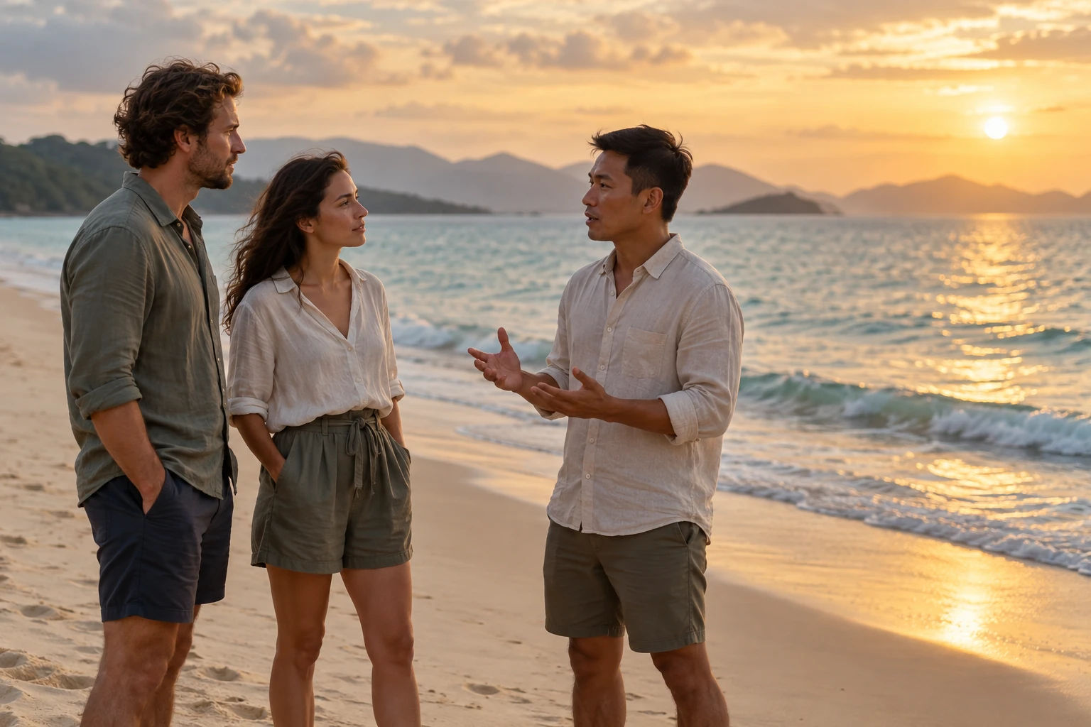 Conceptual scene of two adult visitors listening to a guide on a sandy tropical beach at sunset.