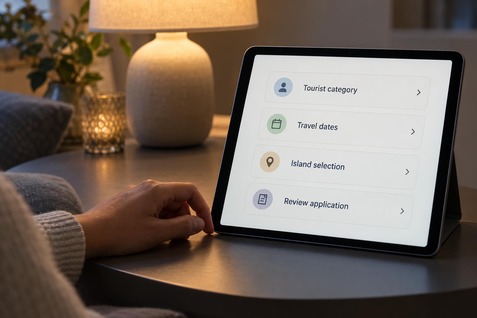 Conceptual view of a hand reviewing four permit-planning steps on a generic tablet.