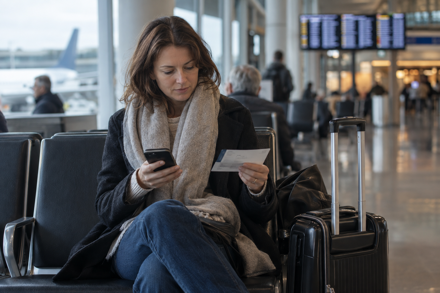 Travellers considering flight recovery options in an airport terminal