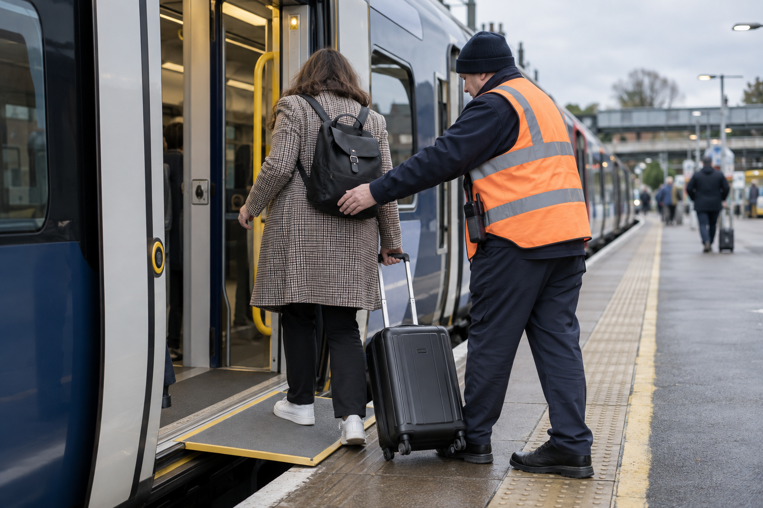 A passenger receiving assistance at a railway station