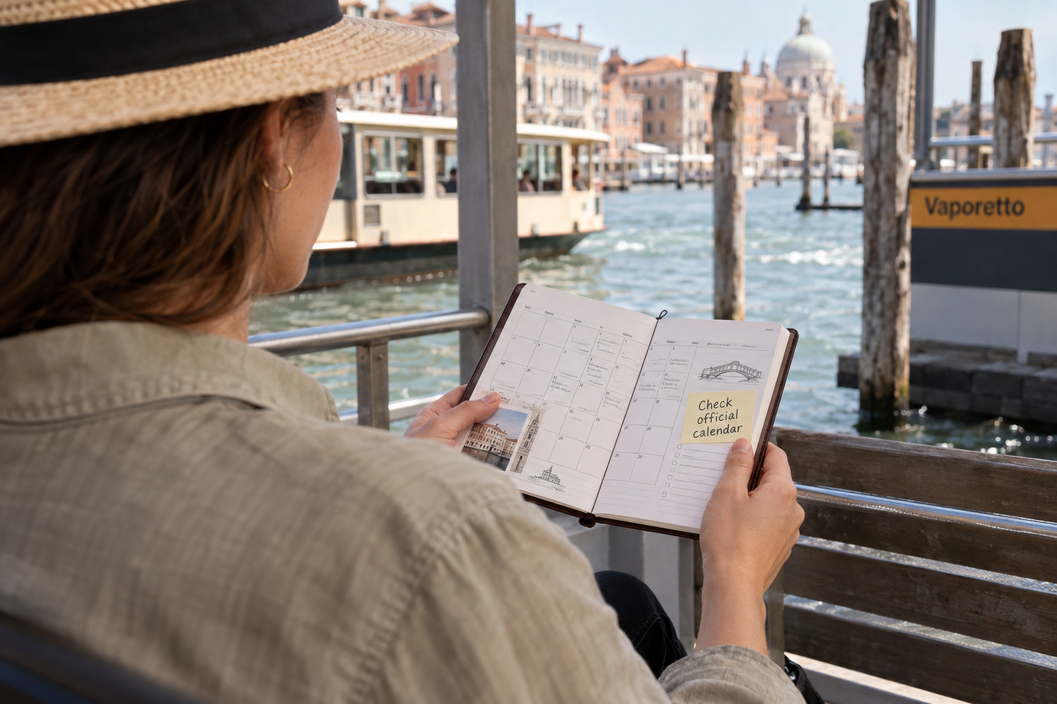 A visitor checks a personal calendar beside a Venice vaporetto stop.
