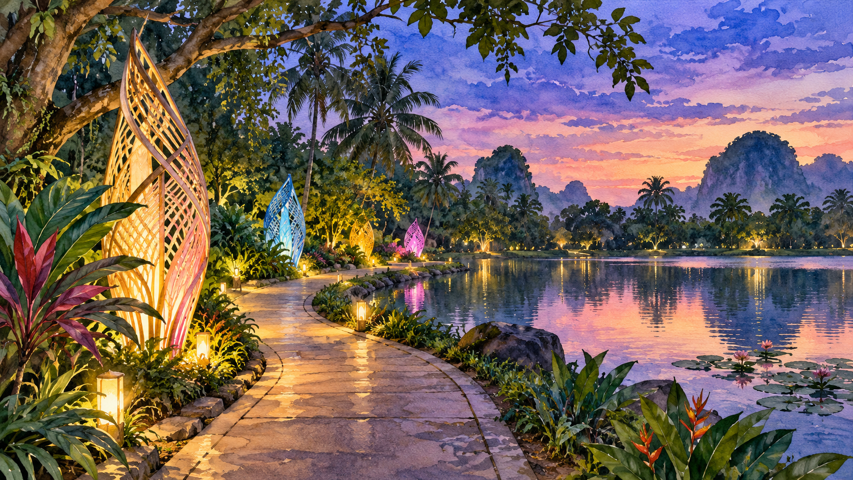 AI-generated illustration of a tropical lakeside path with abstract light sculptures at twilight.